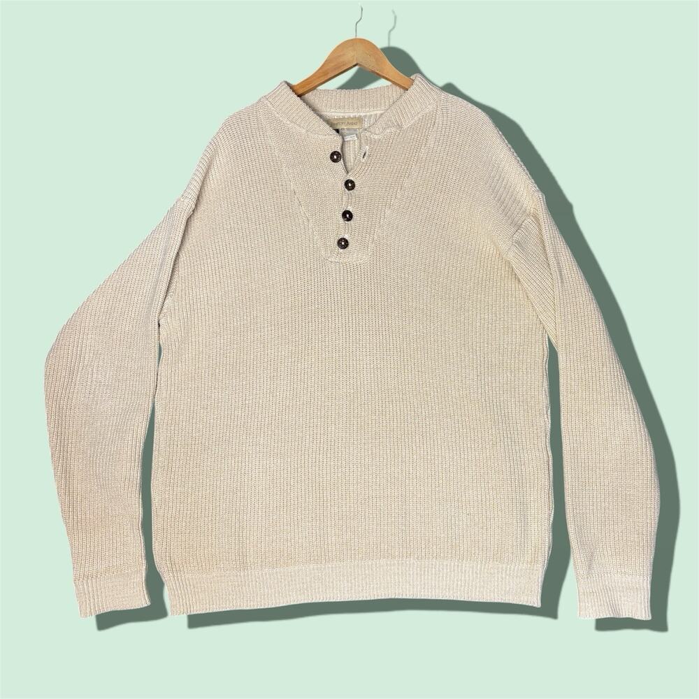Territory Ahead Henley Sweater Mens L Long Made USA Cream Cotton Fisherman Knit
